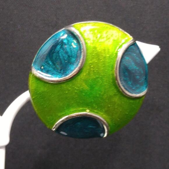 Vintage Enamel Earrings, Blue Lime Green Large Round Clips, 1 1/4 Inches - Picture 3 of 9